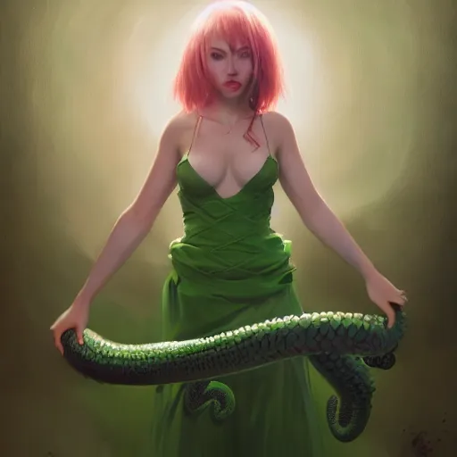 Prompt: A girl in a green dress, with tentacles coming out from underneath the dress, huggy wuggy from poppy playtime video game, fullbody, ultra high detailed, oil painting, Greg Rutkowski, Charlie Bowater, Yuumei, Yanjun Cheng, unreal 5, DAZ, hyperrealistic, octane render, RPG portrait, dynamic lighting, fantasy art, beautiful face