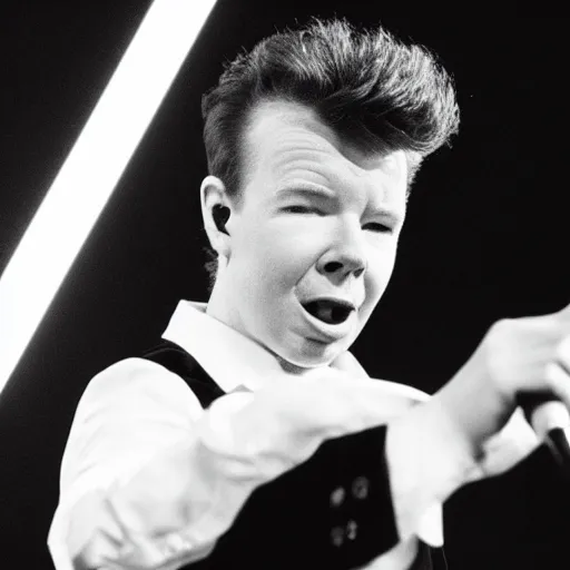 Prompt: young Rick Astley singing into a microphone, dancing, black suit, black and white striped shirt, white background