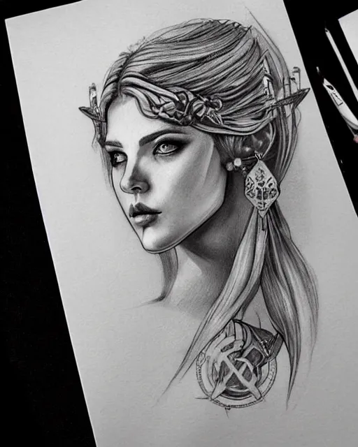 Image similar to tattoo sketch of beautiful greek goddess aphrodite with arrowhead earrings, beautiful piercing eyes, flowing blonde hair, realistic face, hyper realistic, in the style of greg rutkowski, fantasy, amazing detail, epic, intricate, elegant, smooth, sharp focus