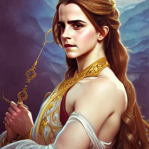 Prompt: emma watson portrait of ottoman sultan gog, female, clear face, symetrical, masculine, full body, muscular, fantasy, intricate, elegant, highly detailed, digital painting, artstation, concept art, matte, sharp focus, illustration, art by artgerm and greg rutkowski and alphonse mucha