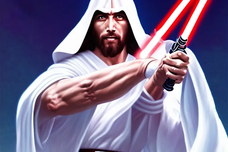 Image similar to jesus christ in a white robe fighting demons with, a lightsaber ; art by artgerm ; digital art ; character art ; star wars