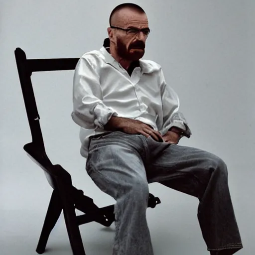 Prompt: walter white face sitting on chair photo by annie leibovitz 8 0 mm lens bokeh