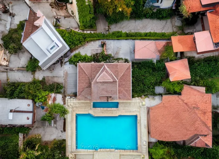 Image similar to realistic photo of a house from above, clean photo, stock photo, award winning, editorial, beautiful, establishing shot, 3 5 mm, zeiss lens, canon, nikon