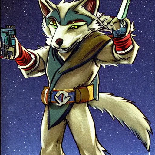 Image similar to 1 9 8 0 s video game art of anthropomorphic wolf o'donnell from starfox fursona furry wolf in a dark space mercenary uniform, looking heroic, magazine scan, 8 0 s game box art, dark grey wolf o'donnell