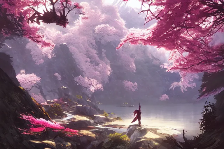 Image similar to wuxia, dragon, cherry blossoms, unreal engine, fantasy art by greg rutkowski, loish, rhads, ferdinand knab, makoto shinkai and lois van baarle, ilya kuvshinov, rossdraws, tom bagshaw, global illumination, radiant light, detailed and intricate environment