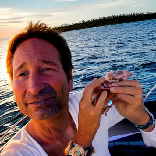 Image similar to photo of david duchovny eating soft shell crab on a yacht in the bahamas at sunset