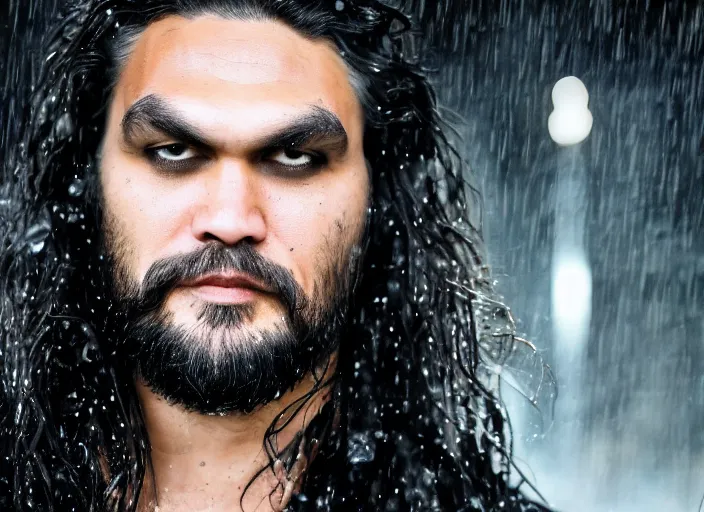 Prompt: closeup portrait of emo vampire goth jason momoa standing in the rain in a dark cyberpunk city, heavy make - up running down face, neon reflections in the puddles, portra 4 0 0 candid photograph portrait by annie leibovitz, 3 5 mm macro shot, f / 3 2, hyperrealistic, cinematic lighting, hd wallpaper, 8 k, 4 k