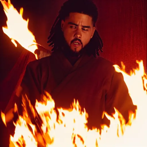 Image similar to cinematic film still of J Cole starring as a Samurai holding fire, Japanese CGI, VFX, 2022, 40mm lens, shallow depth of field,film photography