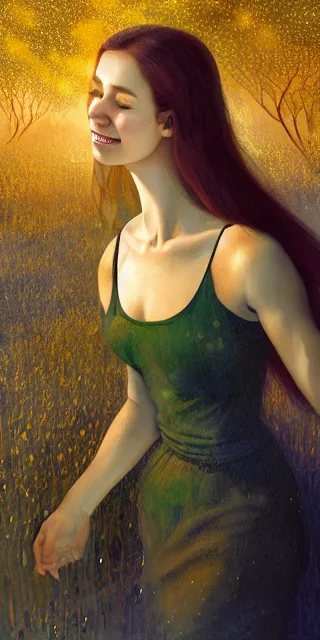 Image similar to young woman, fit body, serene smile, spiritual scene, surrounded by golden firefly lights amidst nature, fully covering intricate dress, long red hair, precise linework, accurate green eyes, small nose with freckles, beautiful smooth oval shape face, empathic, expressive emotions, hyper realistic ultrafine art by artemisia gentileschi, jessica rossier, boris vallejo