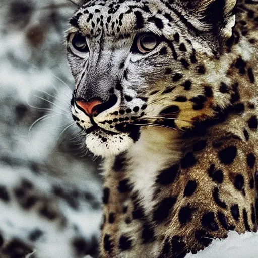 Image similar to very very very cute snow leopard, portrait, pixar style, winter forest background, cinematic lighting, award winning creature portrait photography