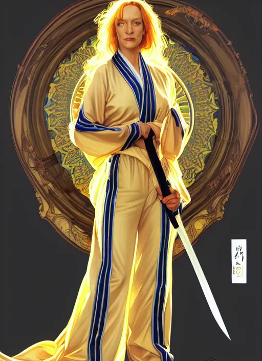 Prompt: uma thurman in kill bill, rococo and art nouveau fusion, iridescent diaphanous refractive and reflective katana, yelliw jumpsuit, highly detailed, deep focus, elegant, digital painting, smooth, sharp focus, illustration, ultra realistic, japanese art by artgerm and alphonse mucha