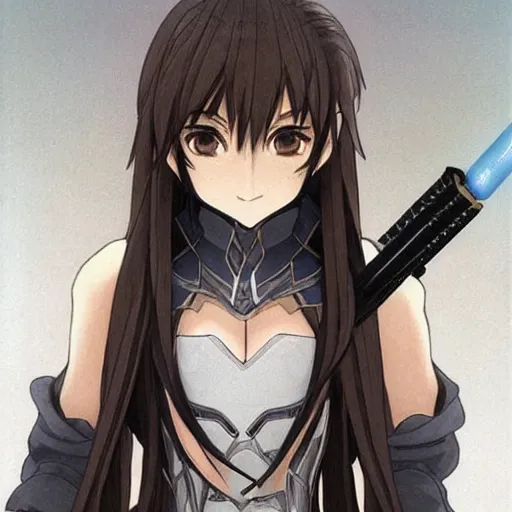 Image similar to Masterpiece head and shoulders portrait of a female Kazuto Kirigaya Kirito from SAO a young woman with brown long hair and bangs and wearing a long black coat breast-armor showing through, with light-saber, face, fantasy, intricate, elegant, highly detailed drawn by Donato Giancola and Fernanda Suarez and Artem Demura, face by Artgerm and Edmund Leighton, Alphonse Mucha, background by James Jean and Gustav Klimt, 4k, porcelain skin, komorebi, french nouveau, trending on pixiv, octane render, hyperrealistic