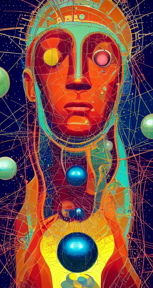 Image similar to art deco close up portait of head surrounded by spheres, rain like a dream digital painting curvalinear clothing cinematic dramatic fluid lines otherworldly vaporwave interesting details epic composition by artgerm anton pieck basquiat