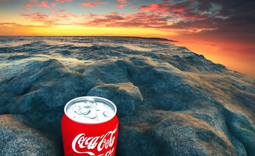 Image similar to a cubic cup of coca-cola with small gas bubbles on a rock near the sea at sunset, anime style, 8k hdr, hyperrealistic, highly detailed, high quality, high coherence, godrays, complementary colours, turbulent sea, path tracing, breathtaking landscape, cinematic lighting, concept art, trending on Artstation