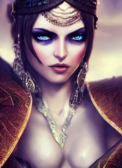 Image similar to Beautiful Arab girl, blue eyes, leather, portrait, fantasy, medieval, vivid colors, elegant, concept art, sharp focus, beautiful face, digital art, Hyper-realistic, 4K, Unreal Engine, Highly Detailed, HD, Dramatic Lighting by Brom, trending on Artstation