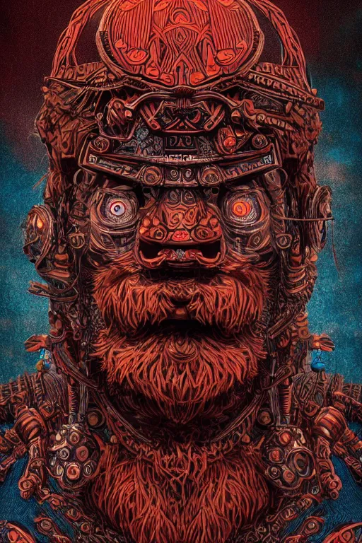 Prompt: robotic viking, handsome and strong, red beard, psychedelics, dmt, detailed intricate, 8 k, cinematic