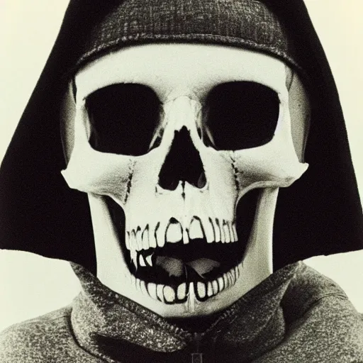 Prompt: close-up shot of a skull wearing hoodie in 80s, at the party, Polaroid photo, by Warhol