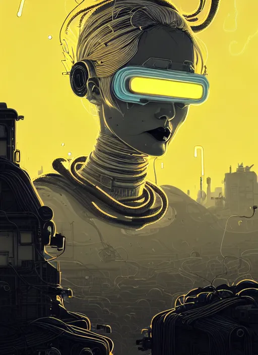 Image similar to highly detailed portrait of wasteland punk long curly bright yellow and white plasma electricity hair tribal lady, stray electric spark wiring by atey ghailan, james gilleard, by joe fenton, by greg rutkowski, by greg tocchini, by kaethe butcher, 4 k resolution, gradient yellow, black and white color scheme!!! ( ( lightning cloudy robotic dystopian city background ) )