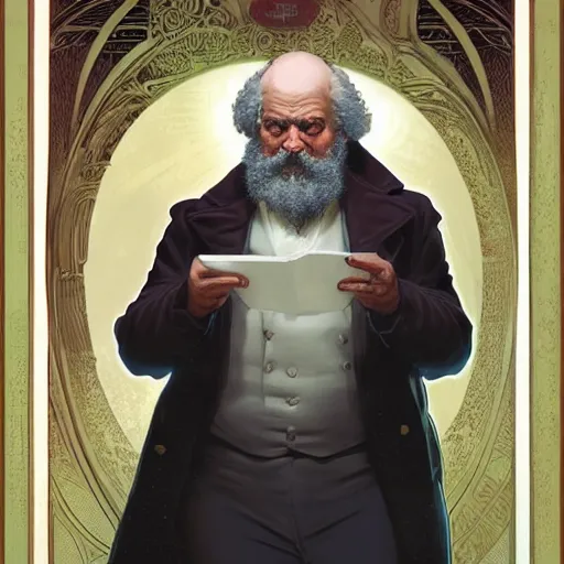 Image similar to Karl Marx pondering his orb, highly detailed, digital painting, artstation, concept art, smooth, sharp focus, illustration, art by todd lockwood and magalie villeneuve and alan lee and artgerm and greg rutkowski and alphonse mucha