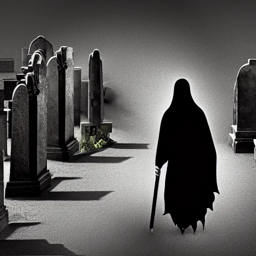 Image similar to the grim reaper wandering through a graveyard, highly detailed, extremely high quality, hd, 4 k, 8 k, professional photographer, 4 0 mp, lifelike, top - rated, award winning, realistic, detailed lighting, detailed shadows, sharp, no blur, edited, corrected, trending