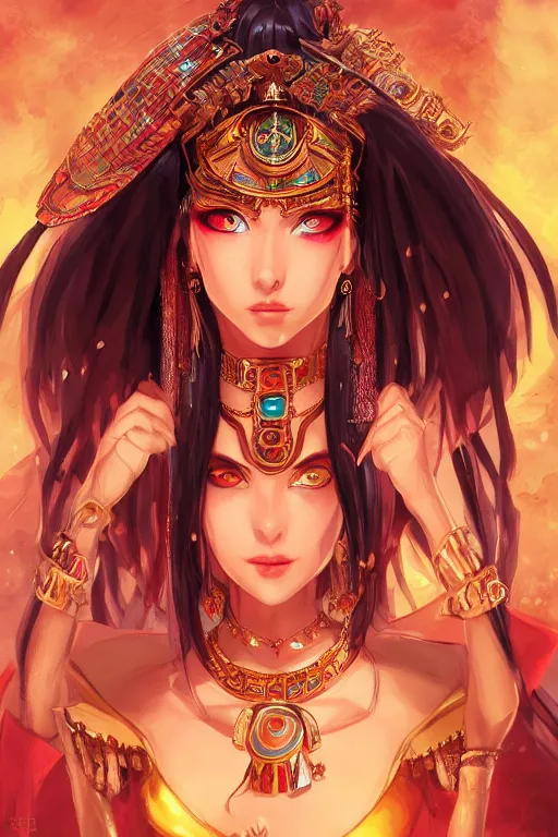 Prompt: a portrait of a smirking necromancer queen cleopatra, beautiful and detailed eyes, with pyramids and a giant crimson moon with the eye of ra in the background, by tite kubo and guweiz, dramatic lighting, manga cover, highly detailed, incredible quality, trending on artstation