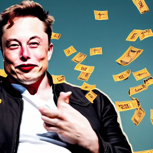 Prompt: Photography of elon musk swimming in a pool full of wads of cash cash money money money money money