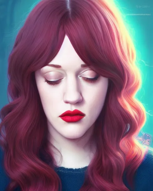 Image similar to kat dennings christina hendricks jennifer tilly, in wooly sweater, belt, plump lips, big eyes, by wlop and ilya kuvshinov and artgerm, gorgeous, stunning, alluring, artstation, deviantart, digital art