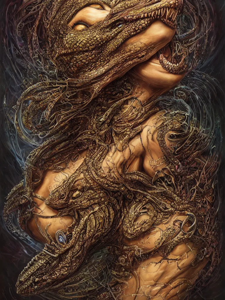 Image similar to uncut centered coherent realistic fullbody portrait with only one face. complex hyper-maximalist overdetailed cinematic cosmic scifi portrait of an elegant very attractive but wild and dangerous reptilian goddess by andrei riabovitchev, tomasz alen kopera, oleksandra shchaslyva. Omnious intricate. Secessionist portrait illustration. Poison goddes. Slightly Reminds to poison ivy. Focus on face. Artstation. Deviantart. 8k 4k 64megapixel. Rendered by binx.ly.