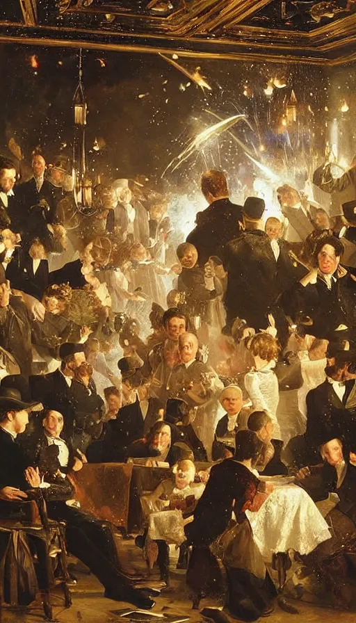 Prompt: painting of meteor crashing into birthday party, by Peder Krøyer, dramatic lighting, golden hour, epic, intricate detail, canvas print