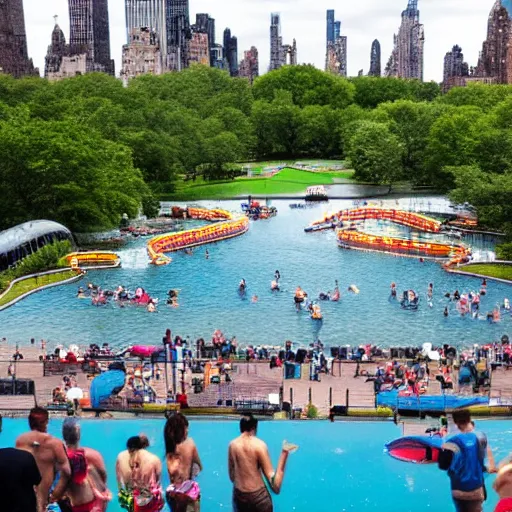 Image similar to photo of a large water park inside of central park. the new york city skyline is shown in the background.