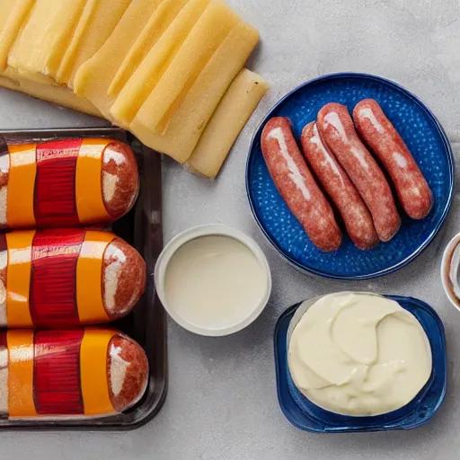 Prompt: packaged sausage products, ice cubes, plates, mayonnaise sauce