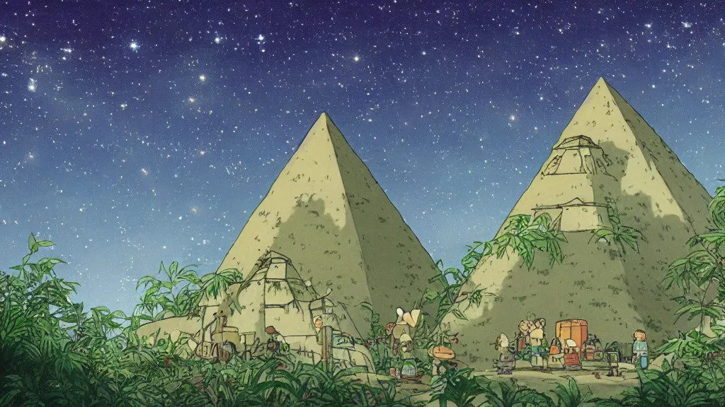 Image similar to a movie still from a studio ghibli film showing a mine runoff storage facility, and three pyramids, in the rainforest on a misty and starry night. by studio ghibli