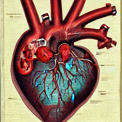 Prompt: anatomically correct human heart with atria, ventricles and aorta, medical textbook diagram, jackson pollock painting