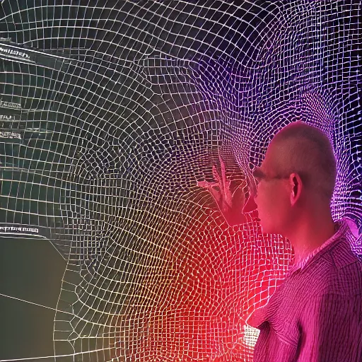 Prompt: Person using a holographic 3d mind map. User interface. Award-winning. UX/UI. User experience. Natural intuitive expressive. Multi-layered. Graspable. Easy. Complex.