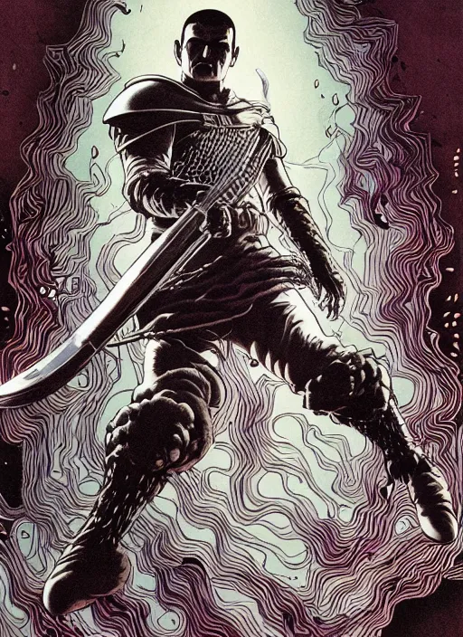 Prompt: highly detailed poster artwork by Michael Whelan and Tomer Hanuka, of Guts, from scene from Berserk, clean