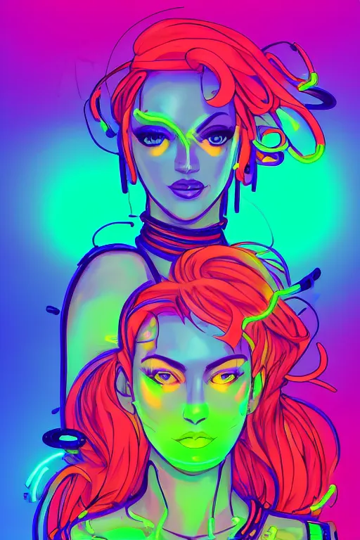 Image similar to a award winning portrait of a beautiful woman with stunning eyes in a one off shoulder crop top and cargo pants with rainbow colored hair, outlined by whirling illuminated neon lines and fine lines swirling in circles by greg tocchini, digital art, trending on artstation