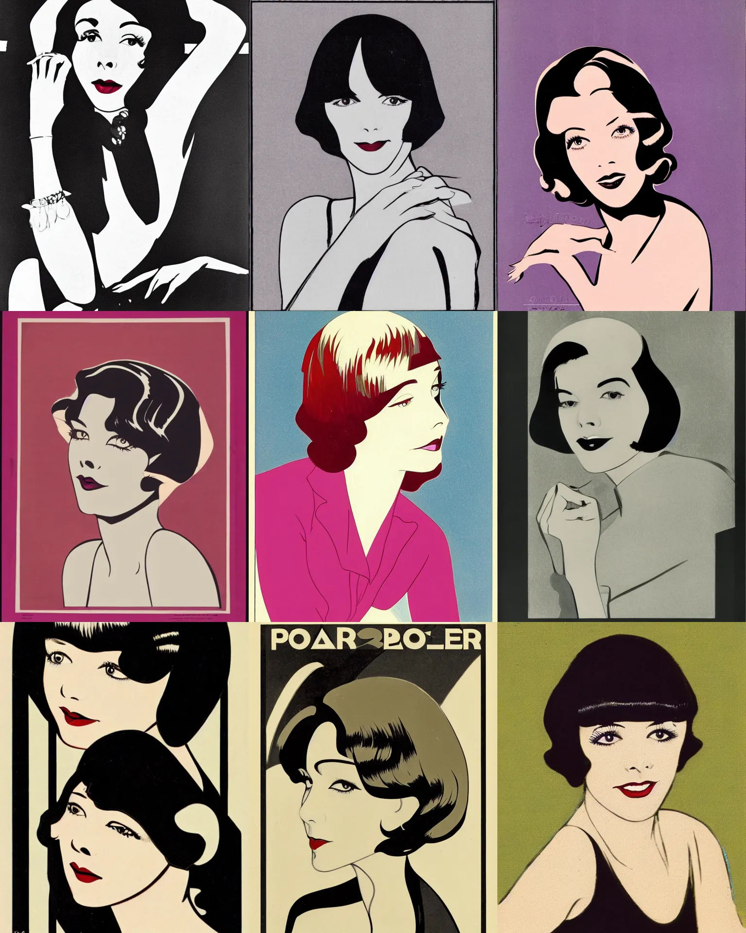 Prompt: Colleen Moore 25 years old, bob haircut, portrait by Patrick Nagel, 1920s