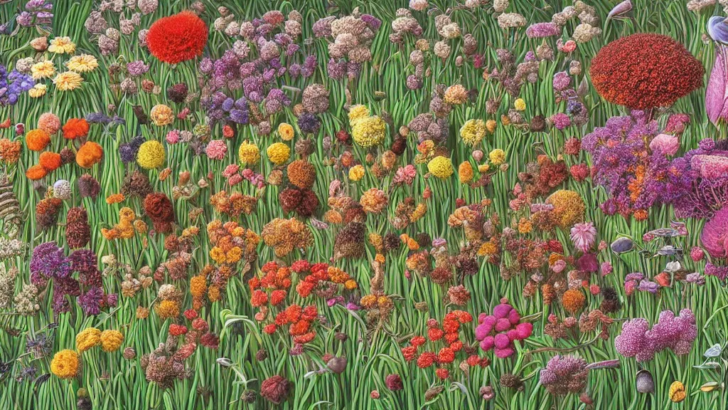 Prompt: highly detailed render of all the known species of plants and flowers by juan gatti, by moebius!, by oliver vernon