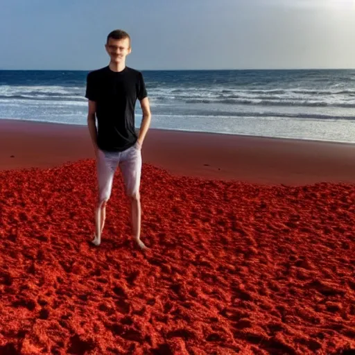 Image similar to vitalik buterin on a red beach taking a selfie