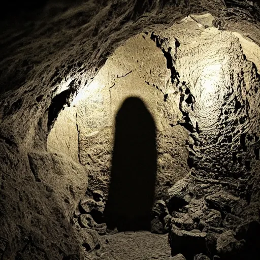 Image similar to photo inside a cavern of a humanoid with lizard skin and a mouth with sharp tooth and black eyes, partially hidden in the shadows