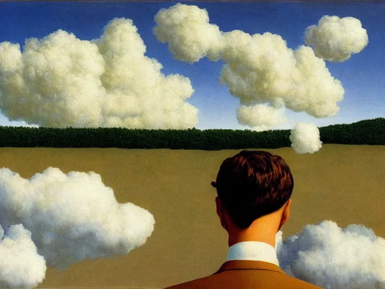 Image similar to man made out of clouds, painting by rene magritte, high detail, high resolution