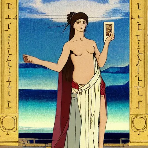 Prompt: A girl with ancient greek clothes on the front of a Balustrade with a beach on the background, major arcana, a colab between studio ghibli and paul delaroche, hyperrealistic