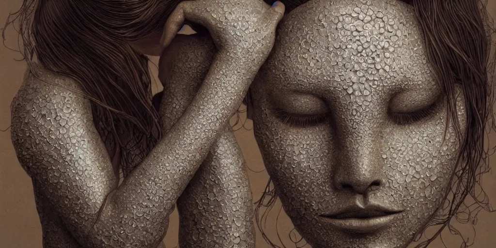 Image similar to hyperrealistic photography of a highly intricate, stunning, beautiful, perfect cyborg female, elbow, knee, intimate, hand holdings, in the style of beth cavener, jin kagetsu,, and wlop, highly detailed, face, eyes closed, symmetry, masterpiece, award - winning, sharp focus, concept art, ambient lighting, 8 k, artstation
