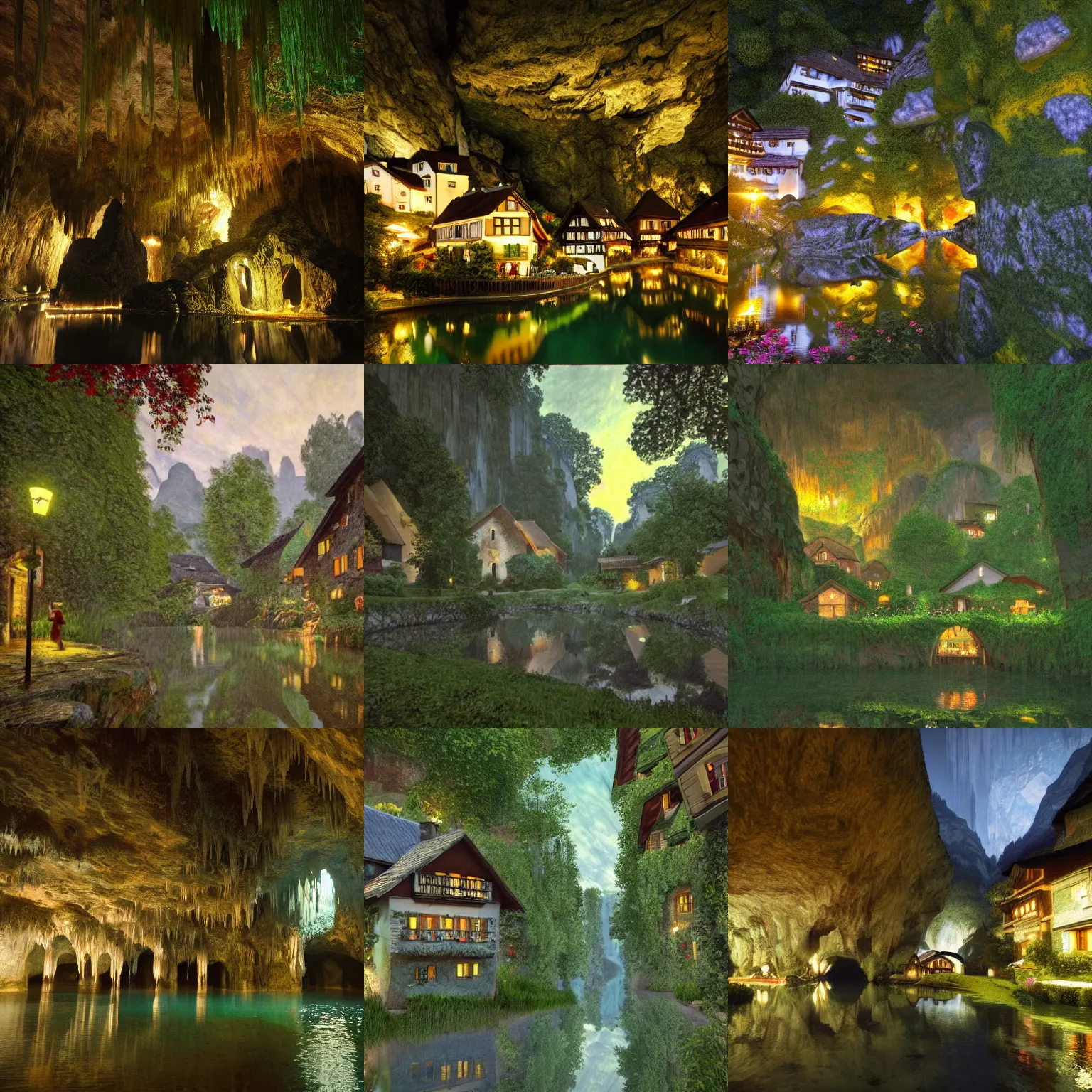 Prompt: a quaint swiss village at night with cottages, a river with sawmills, glowing lights and green park land, all inside an enormous cavern, cavern ceiling visible with large stalactites, unreal engine, by claude monet