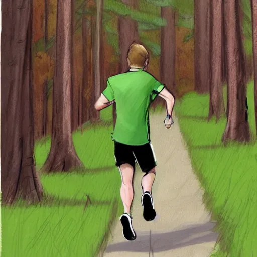 Prompt: a sporty guy runs alone through a forest with tall trees, acid-green sneakers, a shot from the back in perspective, art by Steve Henderson,