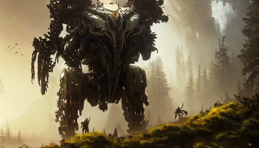 Image similar to large walking mech covered in gold and silver armor with elden ring and horizon zero dawn aesthetic, covered in moss and birds, glowing lights, beautiful forests and trees, intricate detail, epic wallpaper, art by darek zabrocki and John Park and Feng Zhu and Jason Chan, trending on artstation, masterpiece.