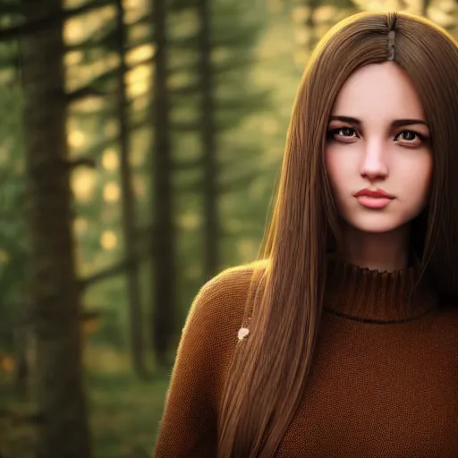 Image similar to real life photo of a beautiful girl, full body photoshoot, long brown hair, brown eyes, full round face, short smile, belly free dark brown sweater, forest setting, cinematic lightning, medium shot, mid - shot, highly detailed, trending on artstation, unreal engine 4 k, 8 0 mm, 8 5 mm, cinematic wallpaper