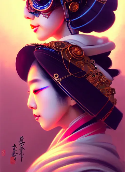 Image similar to beautiful japanese geisha wearing vr eyepiece, robotic, android, cyborg, cyberpunk face, steampunk, fantasy, intricate, elegant, highly detailed, colorful, vivid color, digital painting, cool warm volumetric lighting, artstation, concept art, art by artgerm and greg rutkowski and ruan jia,