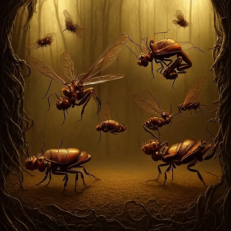 Prompt: epic professional digital art of startling hungry insects, faint golden moody atmospheric lighting, painted, intricate, detailed, detailed, foreboding, by leesha hannigan, wayne haag, reyna rochin, ignacio fernandez rios, mark ryden, iris van herpen,, epic, stunning, gorgeous, much wow, cinematic, masterpiece.