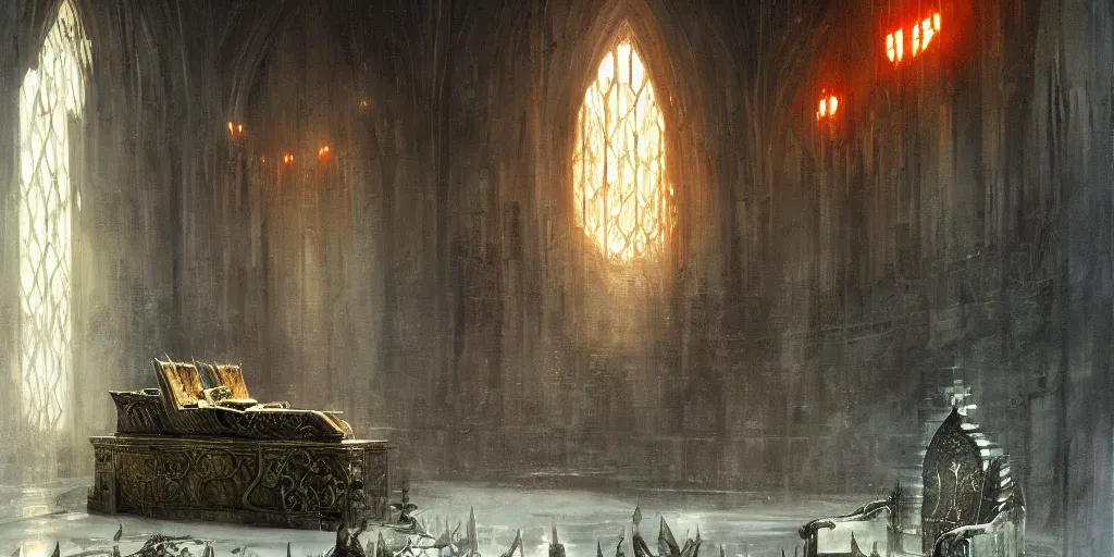 Image similar to Sauron resting in his throne, throne room, oil painting, by Greg Rutkowski